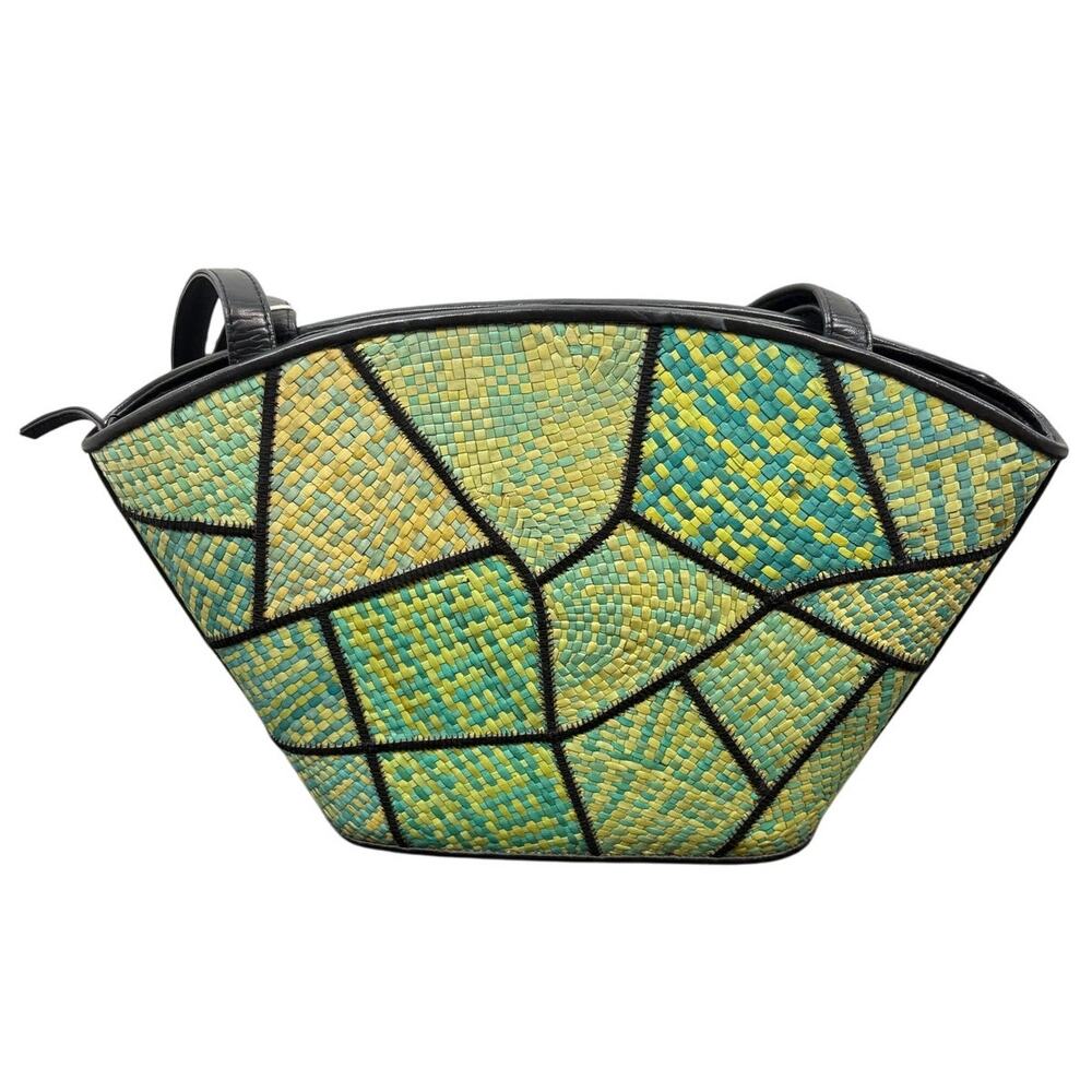 Le Sac Patchwork Woven Straw Shoulder Bag Handbag Purse Boho Retro Vintage Green
